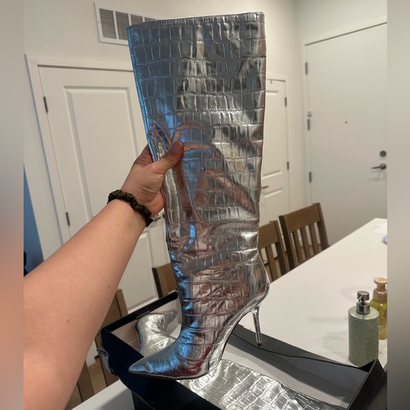 Silver Croc Embossed Heeled Boots - Picture 2 of 7